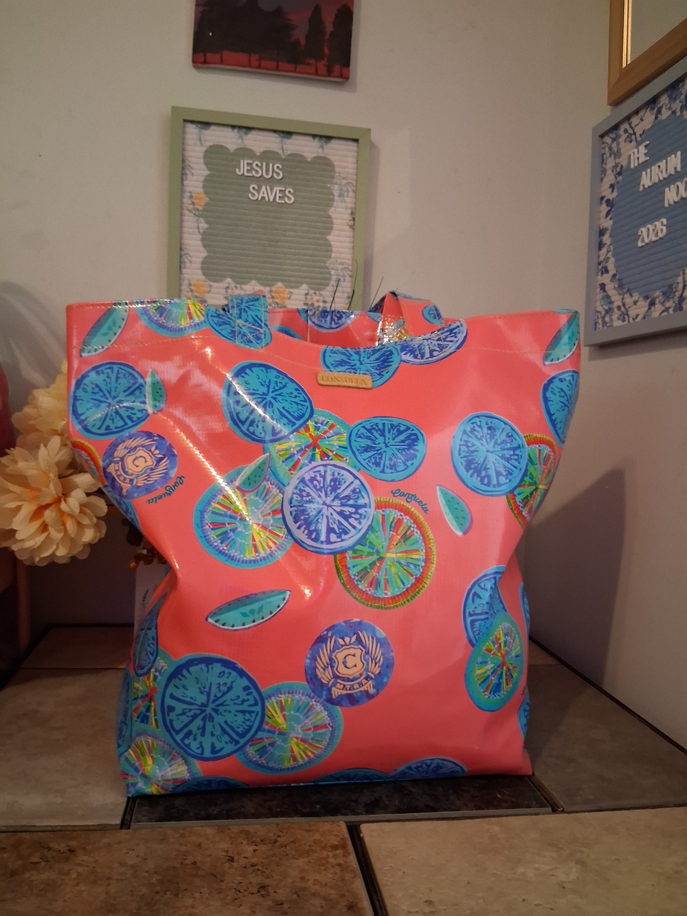 Consuela Pink Tote with Blue Citrus Motif